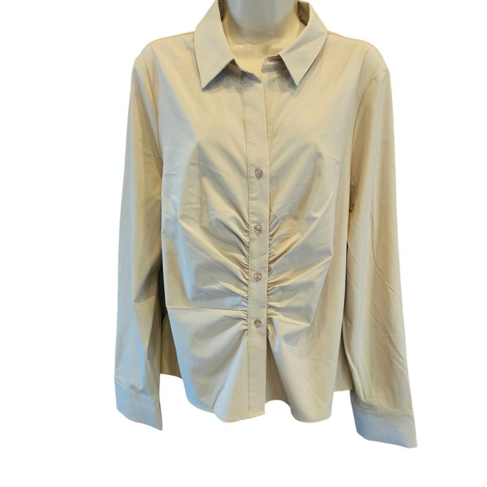 NWT Calvin klein Gathered Button Down Shirt In Khaki neutral no iron XL career